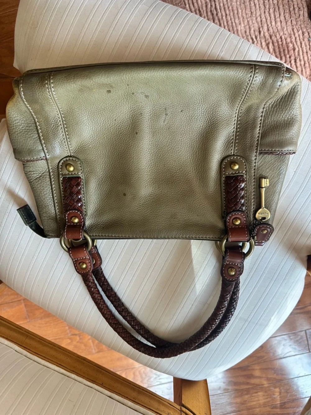 Fossil Leather Satchel Bag Burgandy Olive Green Burgandy Woven Strap Boho
